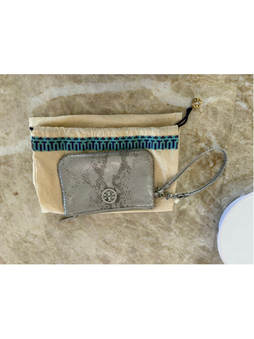 Tory Burch Silver Snake Print leather Wristlet pouch with lobster claw strap